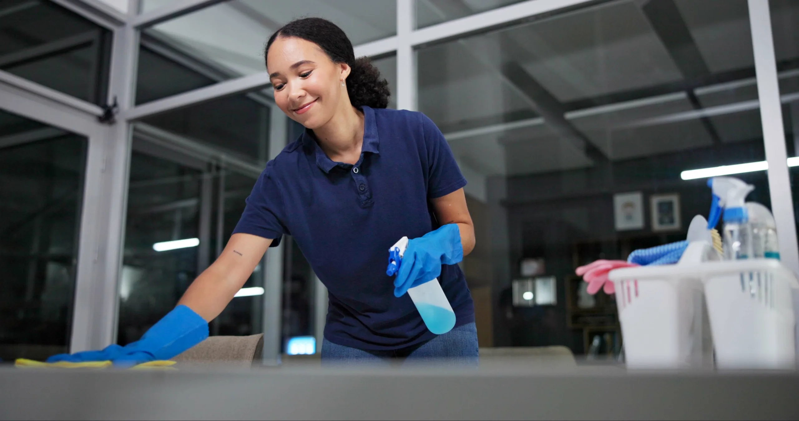 Cleaner,,Cleaning,Table,Woman,In,Office,From,Dust,,Spray,Disinfect